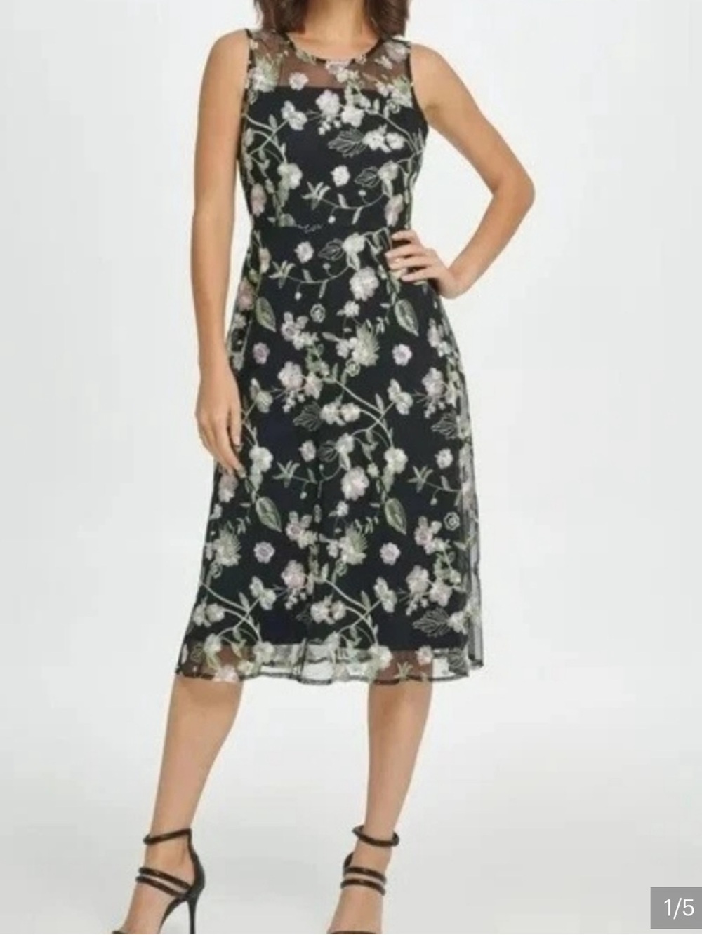 NWT Sleeveless Black Floral Embroidered Midi Dress